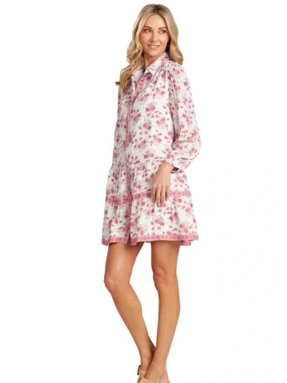 NWT! Trish Scully Oversized Mini Shirt Dress Size 14 Pink Cabbage Roses Shift